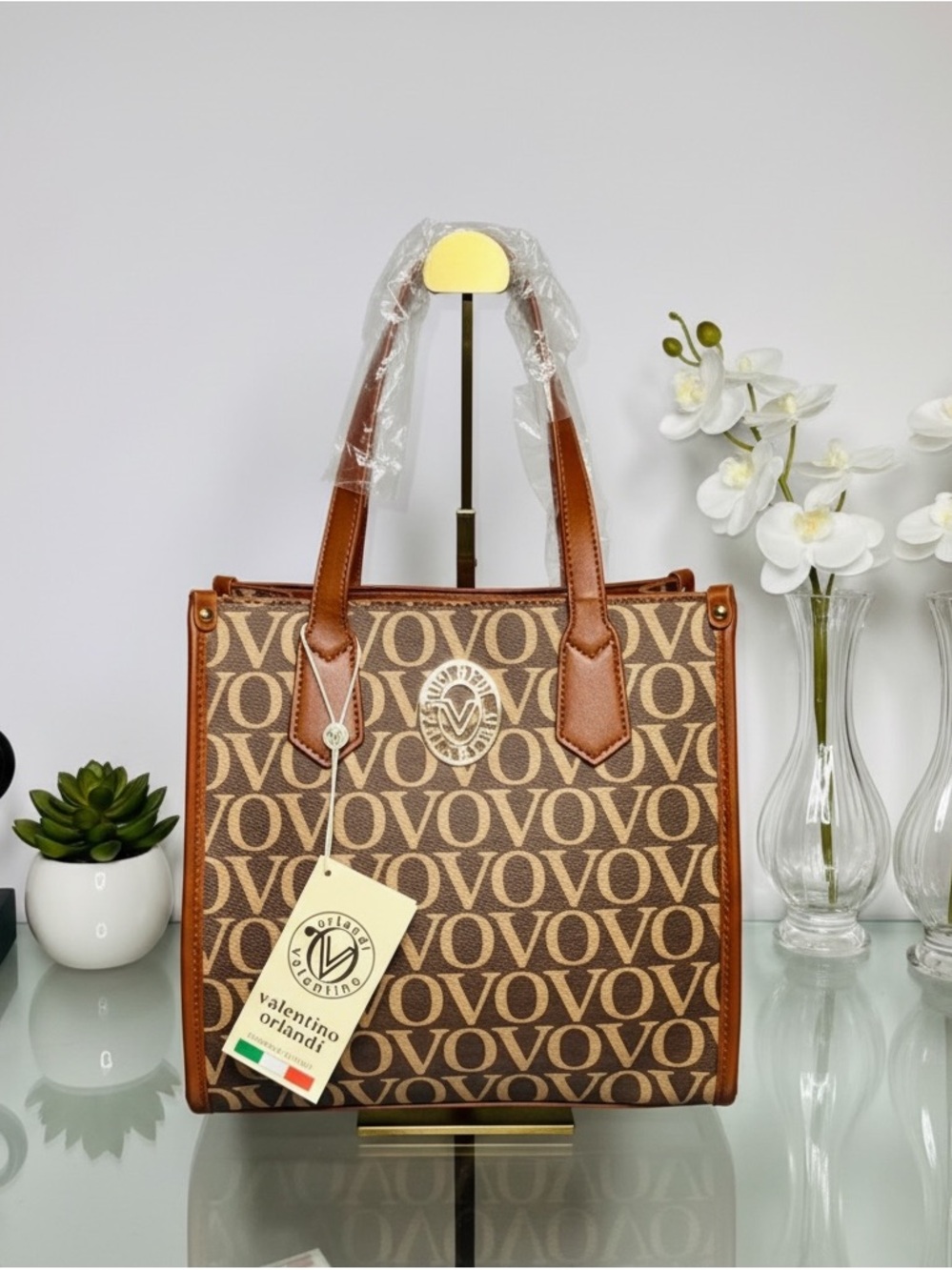 NWT Valentino Orlandi Brown Logo Tote Bag with strap to make it crossbody